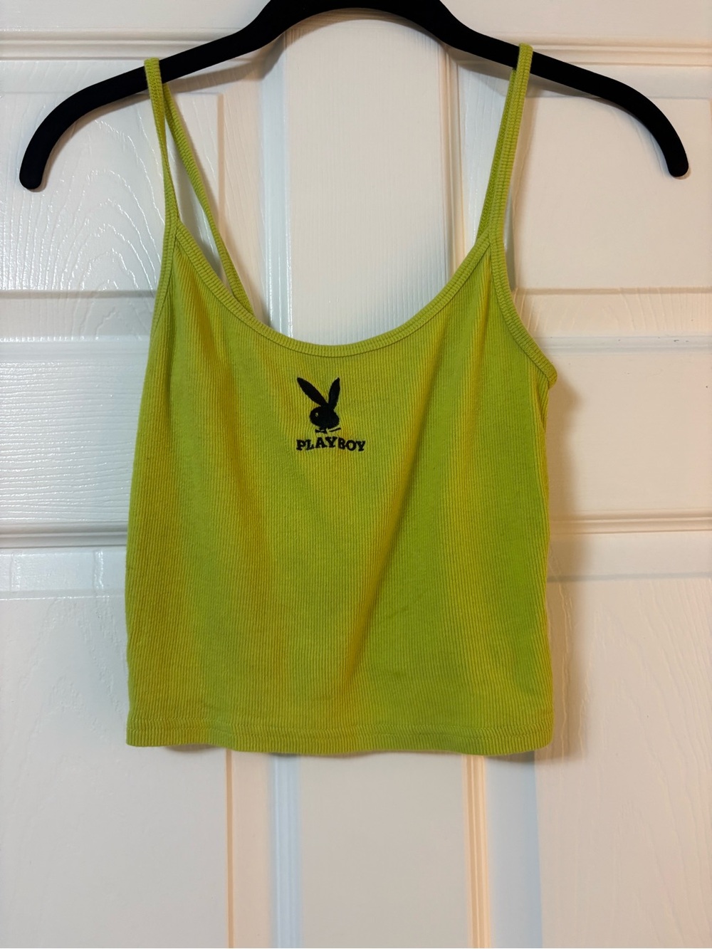 PLAYBOY Neon Lime Ribbed Spaghetti Strap Crop Tank